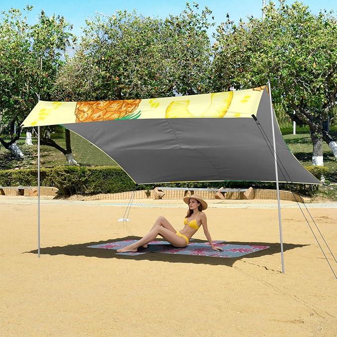 Beach Canopy with Windproof Ropes &amp Sandbags Beach Tent Sun Shade Sun Shelter for Camping Trips Fishing Backyard Fun or Picnics Pineapple