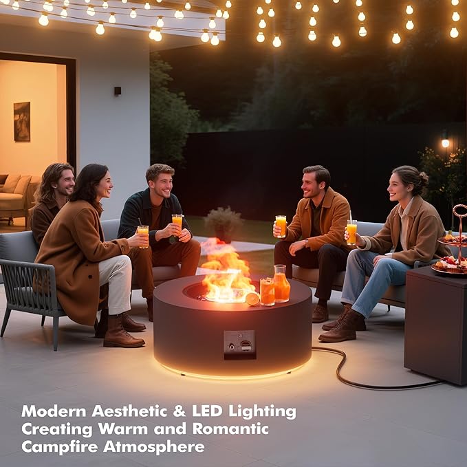 30 Round Propane Fire Pit Table - 50K BTU with Lid Rocks Tank Storage and Cover - Round Gas Fire Pits for Outside Patio - Outdoor Table with Firepit (Grey/Golden Light 30 Round)