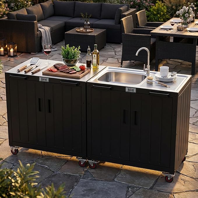 Feasto Outdoor Kitchen Island with Stainless Steel Sink and Storage Cabinet 35-Inch BBQ Prep Station with Faucet &amp Lockable Wheels for Patio Backyard and Outdoor Cooking Black &amp Silver