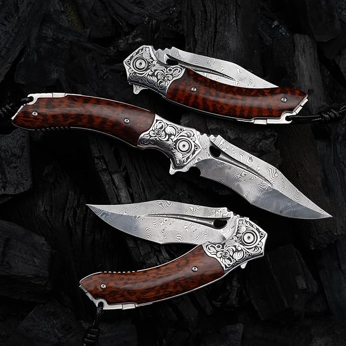 Japanese VG 10 Damascus Steel Folding Knife Outdoor Wilderness Survival Pocket Knife Snake Wood Handle Lined Lock Leather Sheath EDC Pocket Knife