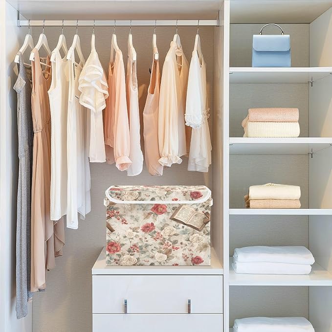 Storage Bins With Lid Stackable Fabric Closet Organizer Clothing Storage Large Boxes For Closet Shelves Bedroom Beige Jesus Crosses Bibles Roses