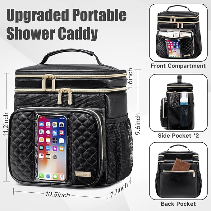 Large Leather Toiletry Bag for Women MenBathroom BagWater Resistant Shower BagMakeup BagPortable Shower Caddy for College DormHanging Travel Toiletry Bag with Transparent Waterproof Phone Pocket