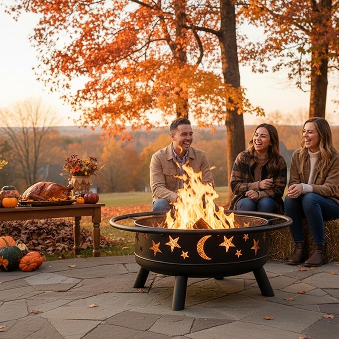 32 Round Wood Burning Fire Pit with Mesh Cover Fire Poker Star &amp Moon Cutouts Metal Outdoor Firepit for Patio Backyard Garden Bonfire Camping Christmas Thanksgiving Halloween