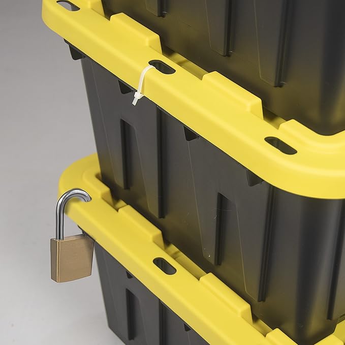 CX BLACK &amp YELLOW 12-Gallon Heavy Duty Storage Bins with Lids Stackable Plastic Storage Bins with Weather-Resistant Design Home Organization 4 Pack (12.51H x 16.3W x 21.8D)