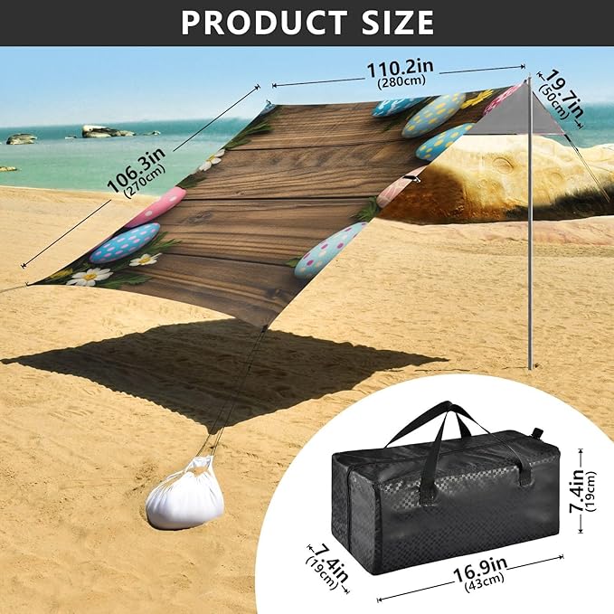 ALAZA Happy Easter Banner Wood Colored Easter Eggs Beach Tent Sun Shelter Portable Canopy Sunshade for Outdoor Camping Picnics Backyard Fun 10x9 ft