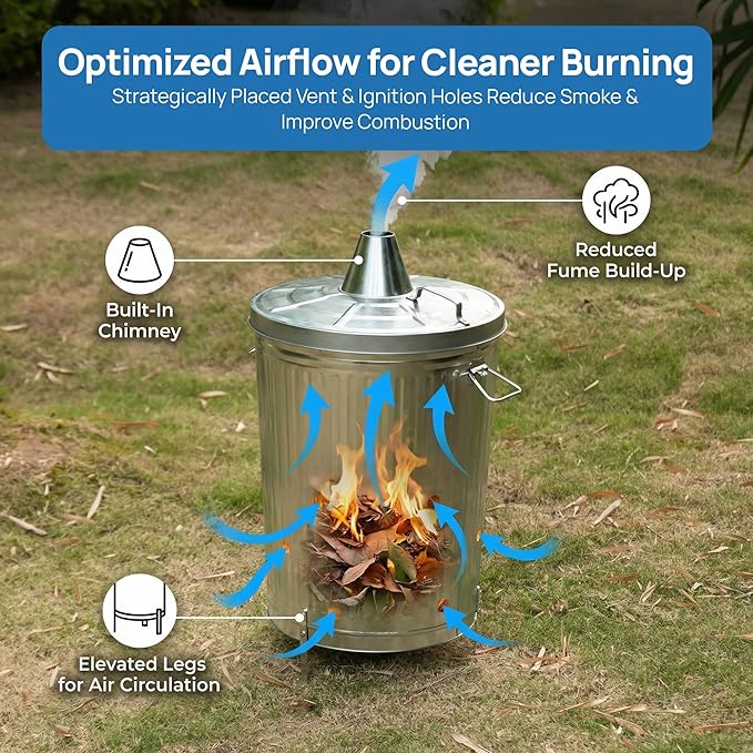 Gardenised 20-Gallon Galvanized Steel Incinerator Can with Lid &amp Vent Holes High-Heat Outdoor Burn Bin for Leaves Paper Yard Waste &amp Garden Debris Silver
