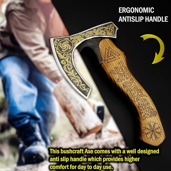 SHINY CRAFTS-Viking axe bearded axe tomahawk birthday gifts-Viking Axe with Carbon Steel Head and Ash Wood Handle is black polished Viking Gifts for Men with Premium Quality Leather Sheath (SCA-0025)