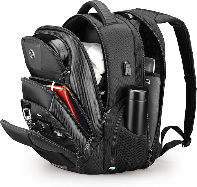 Swissdigital Design TSA Business Laptop Backpack for Men Large Capacity Travel Backpack with Apple Find My Network and USB Charging Port Tech Backpacks Fits 17 Inch Computer Black| SD1643FB-01
