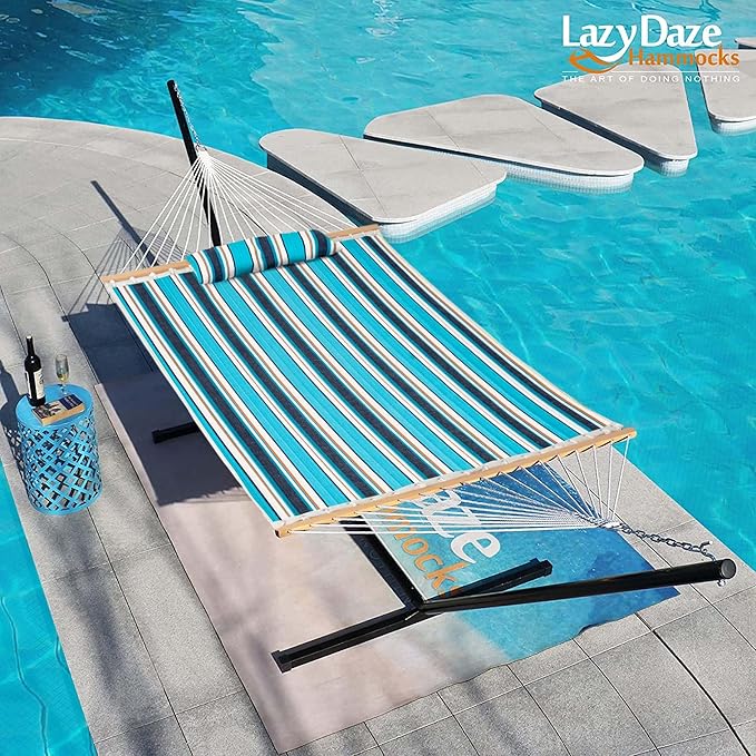 Lazy Daze Hammocks 12 FT Sunbrella Fabric Quilted Hammock Double Sunbrella Quilted Hammock with Spreader Bars &amp Pillow All Weather and Fade Resistant for Outdoor 450 lbs Capacity Token Surfside