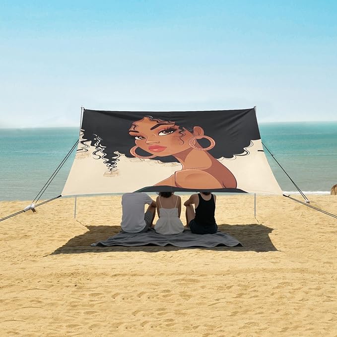 ALAZA Beautiful Black Afro Woman with Earing Beach Tent Sun Shelter Portable Canopy Sunshade for Outdoor Camping Picnics Backyard Fun 10x9 ft