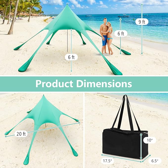 Tangkula Beach Canopy Tent UPF50+ Beach Sun Shade with Sand Shovel 6 Ground Pegs 6 Sandbags Supporting Pole Carry Bag Pop Up Beach Sun Shelter for Camping Fishing Trip