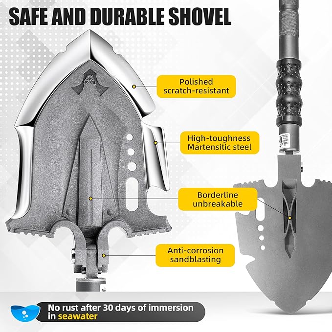 Zune Lotoo Survival Shovel Multitool 28 in 1 Luxury Kit Tactical Camping Folding Shovel Unbreakable Martensitic Steel Adjustable 7 Angles 24-35.4'' Length Compact Gear for Outdoor Hiking Emergency