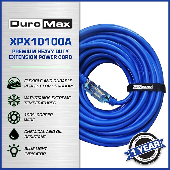 DuroMax XPX10100A Heavy Duty SJEOOW 100-Foot 10 Gauge Blue Single Tap Lighted Extension Power Cord