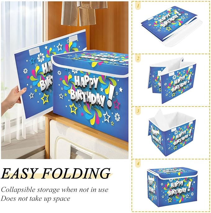 YETTASBIN Happy Birthday Storage Basket with Lid and Handles Large Collapsible Fabric Storage Bins Sturdy Storage Organizer for Shelves Closet Bedroom School Office Home Decor