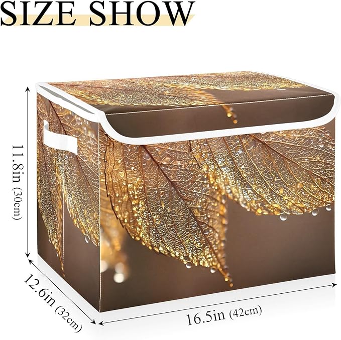 Elegant Leaf Storage Basket Bins with Lid Collapsible Flip-top with Handle for Home Office 16.5×12.6×11.8 in
