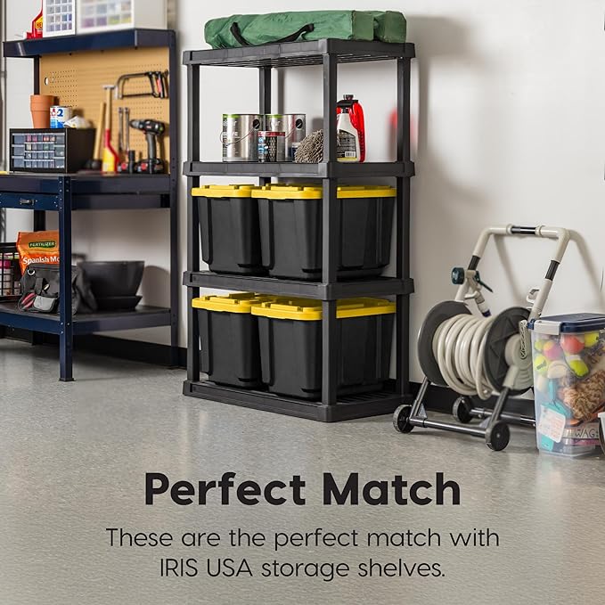 IRIS USA 4-Pack 12 Gallon Storage Bins with Lids |Made in USA| Heavy Duty Plastic Tote Containers for Truckbed Tool Box Organization Large - Black/Yellow