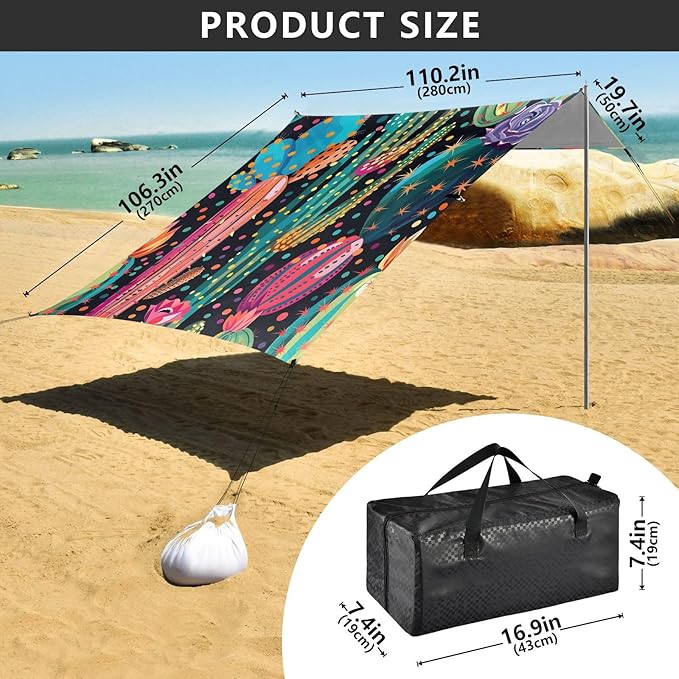 ALAZA Cactus Polka Dots Rainbow Cacti Beach Tent Sun Shelter UPF50+ Protection Beach Shade Canopy w/ 4 Sandbags for Outdoor Camping Fishing Backyard Fun Picnic 10x9 ft
