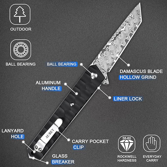 AUBEY Damascus Pocket Knife with Clip Tanto Blade Damascus Steel Folding Knives for Men Tactical Aluminum Handle with Glass Breaker for EDC Camping Gift