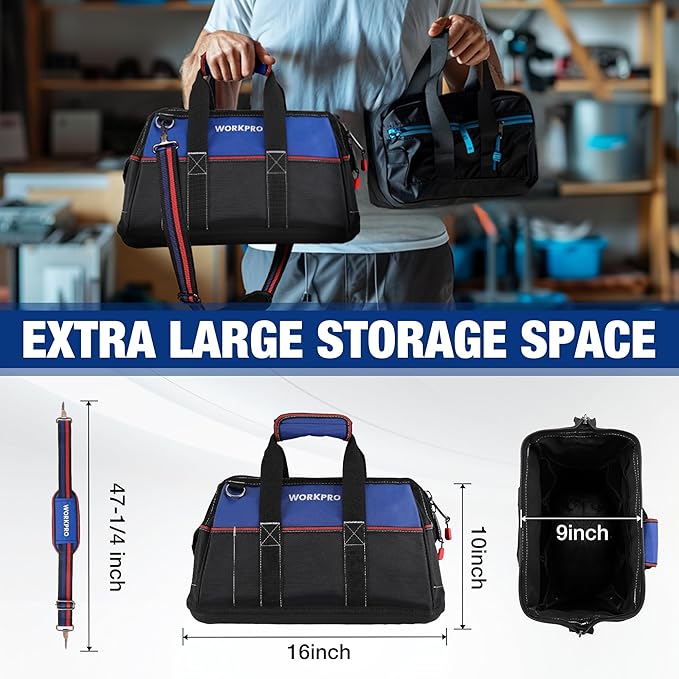 WORKPRO 16-inch Wide Mouth Tool Bag Heavy Duty Cloth Tool Storage Bag with Water Proof Molded Base Adjustable Shoulder Strap