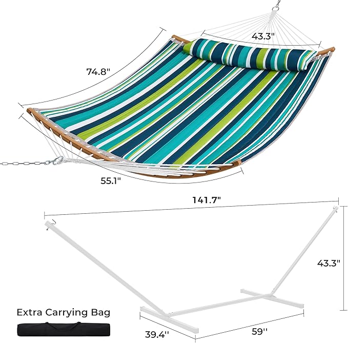 SUPERJARE Curved-Bar Hammock with Stand 2 Person Heavy Duty Hammock Frame Detachable Pillow &amp Portable Carrying Bag Perfect for Outdoor &amp Indoor Blue-Green Stripe