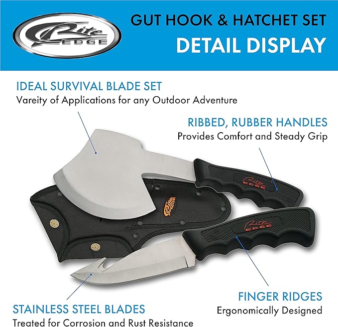 Rite Edge 2-Piece Hunting Knife and Hatchet Set – Stainless Steel Gut Hook and Survival Axe with Nylon Sheath for Camping Hiking and Outdoors