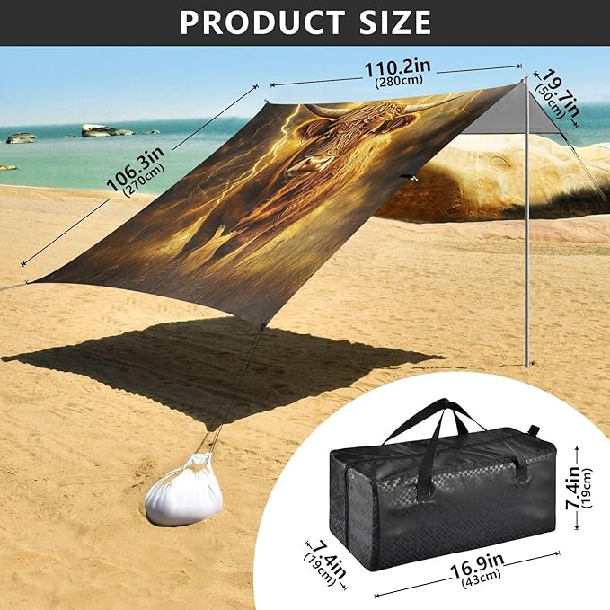 ALAZA Cow Yellow Lightning Background Beach Tent Sun Shelter Portable Canopy Sunshade for Outdoor Camping Picnics Backyard Fun 10x9 ft