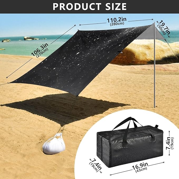 Galaxy Black Beach Tent Sun Shelter Set UPF50+ UV Protection 10.5 x 9.19 FT Camping Shade Canopy with Sandbags Sand Anchors Carrying Bag and Others