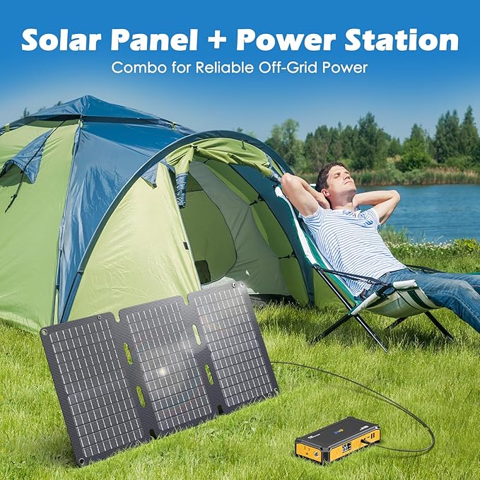 JIYHF Portable Power Station 99.9Wh with Foldable Solar Panel 30W Laptop Charger &amp Backup Power with 65W USB-C PD 100W AC Outlet 12V DC Output LED Light for Camping Home Backup Emergency RV
