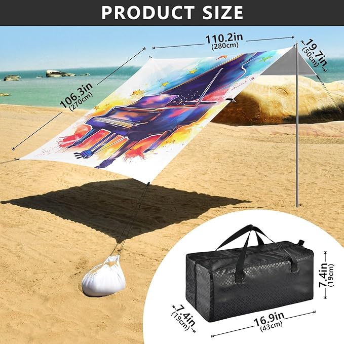 ALAZA Colorful Stars and Grand Piano with Some Notes Beach Tent Sun Shelter Portable Canopy Sunshade for Outdoor Camping Picnics Backyard Fun 10x9 ft