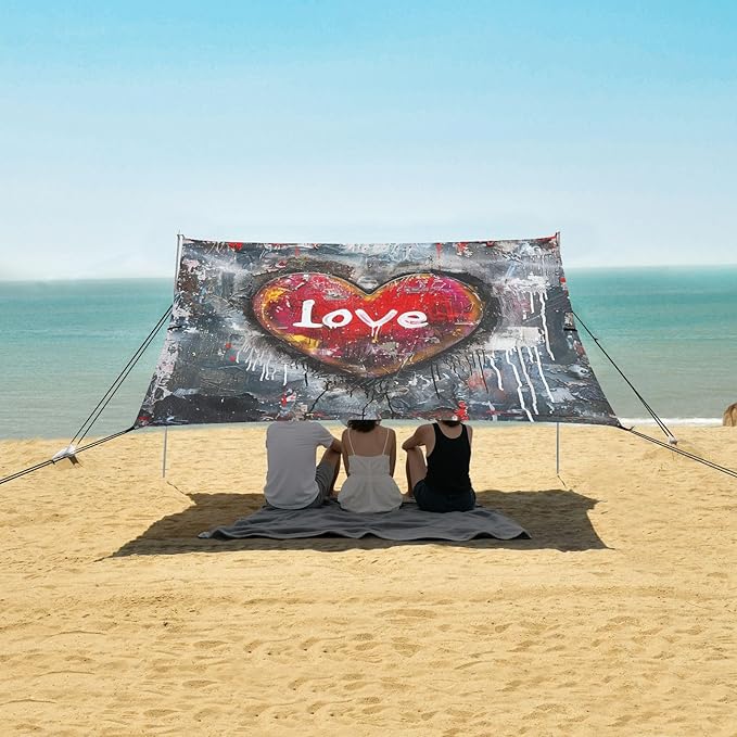 ALAZA Loving Heart Graffiti Beach Tent Sun Shelter UPF50+ Protection Beach Shade Canopy w/ 4 Sandbags for Outdoor Camping Fishing Backyard Fun Picnic 10x9 ft
