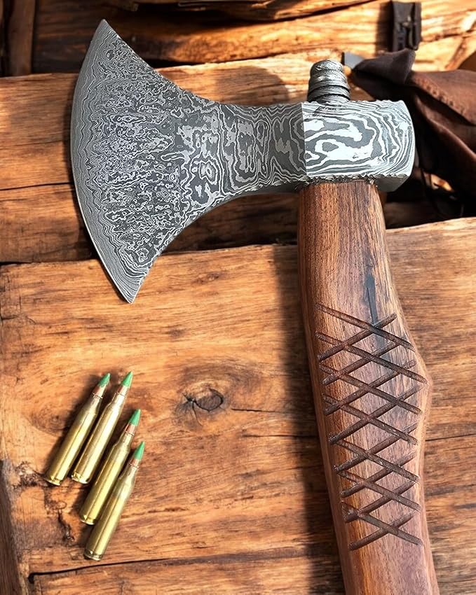 Poshland AX-7000 Custom Gift Forged Damascus Steel Vintage Axe with Rose Wood Shaft Viking Bearded Camping Axe (AX-7000) (AX-8194)