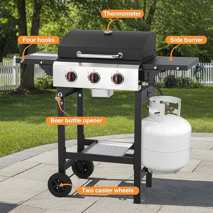 Propane Gas Grill with Folding Side Tables 3-Burner Gas Grill with Cast Iron Grates and Stainless Steel Griddle Pan Outdoor BBQ Grill Portable with Wheels 30000 BTU Output