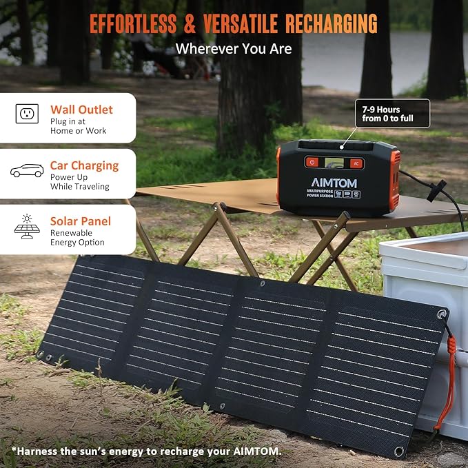 AIMTOM Portable Power Station 173Wh Lithium Battery 200W AC Outlet (250W Surge) 18W USB-C 2x USB-A 2x 12V DC Outputs LED Flashlight – Ideal for Camping Travel Emergency Backup RV Home Use