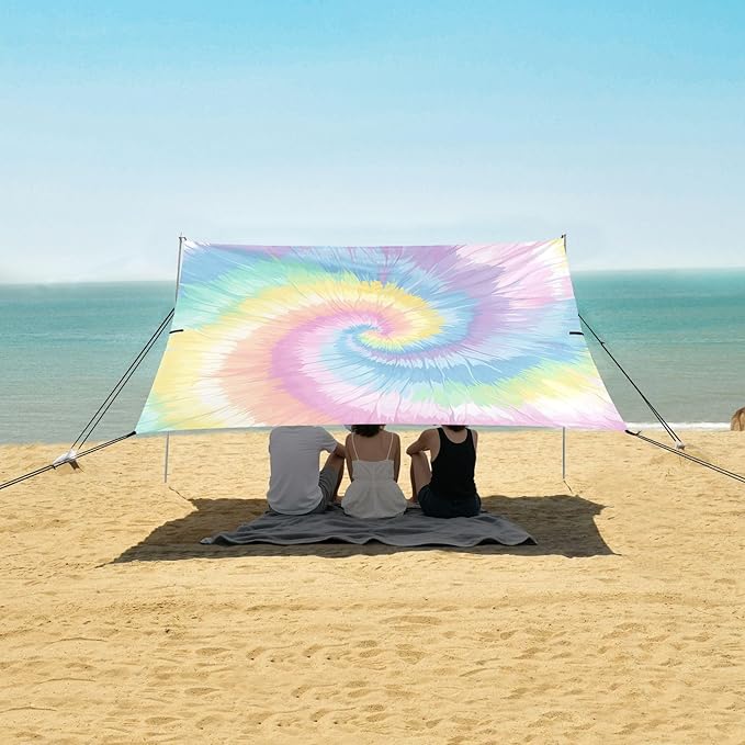 Aliceblue Tie-dye Background Rainbow Colors Beach Canopy UPF50+ Protection Waterproof Portable Sun Shelter with Sand Shovel Sandbags for Camping Picnics Backyard &amp Fishing