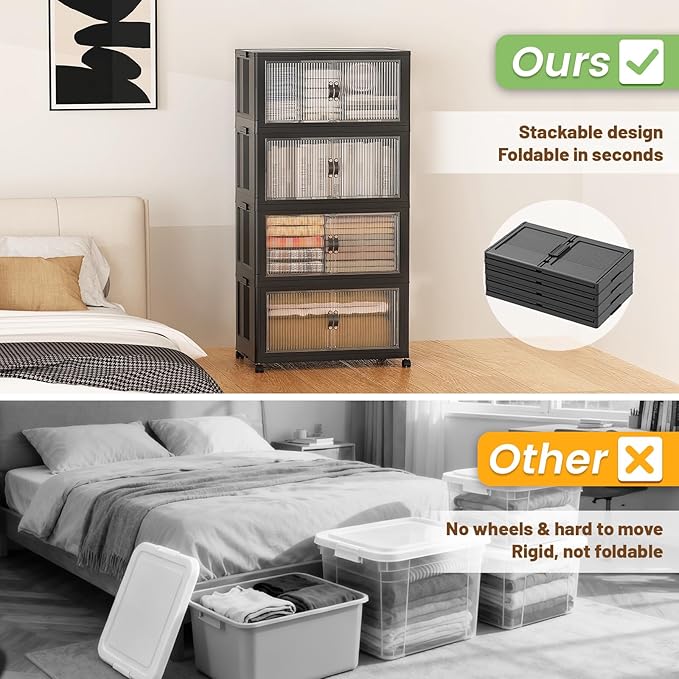 SAILUN 260Qt Stackable Storage Bins Folding Collapsible Storage Bins with Lid Closet Organizers and Storage Box with Door Black 22 W x 13 D x 50 H