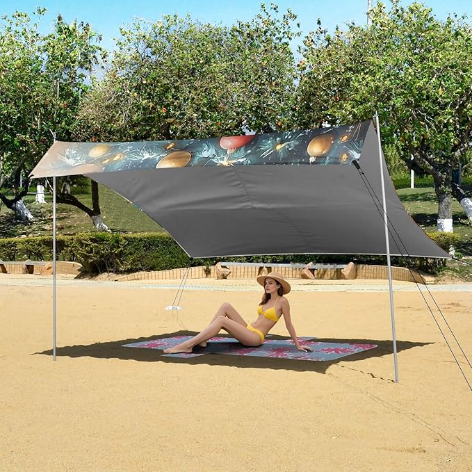ALAZA Christmas Tree Highland Cow Beach Tent Sun Shelter Portable Canopy Sunshade for Outdoor Camping Picnics Backyard Fun 10x9 ft