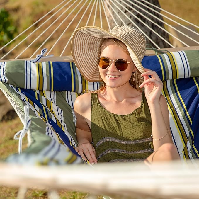 SUNCREAT Hammocks Double Outdoor Hammock with Stand Cotton Rope Two Person Hammock with Polyester Pad &amp Large Pillow Blue&amp Gray