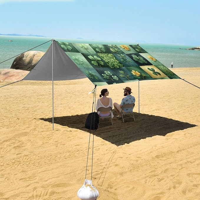 St Patrick's Clovers Plaid Beach Tent Sun Shelter Set UPF50+ UV Protection 10.5 x 9.19 FT Camping Shade Canopy with Sandbags Sand Anchors Carrying Bag and Others