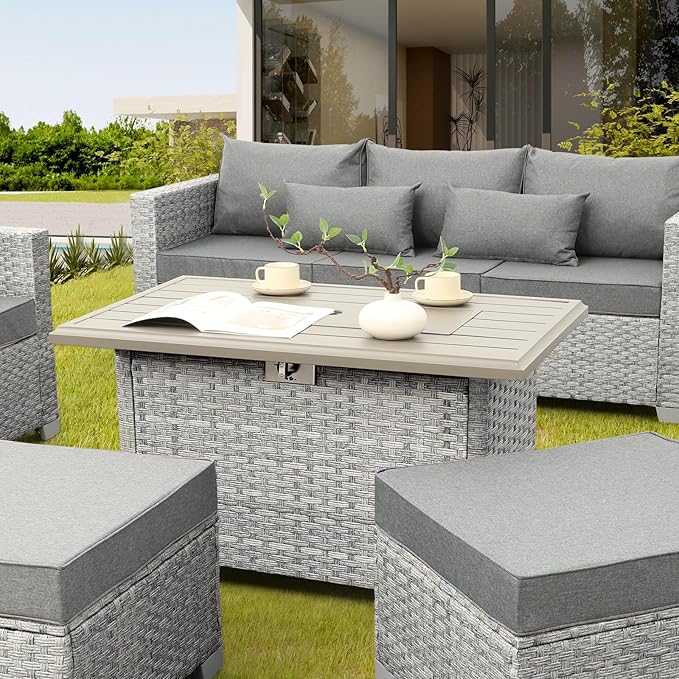 Outdoor Propane Fire Pit 43 Inch PE Wicker Patio Firepit Table with Fire Glass and Wind Guard for Outside Parties and Gatherings on Garden Backyard Porch