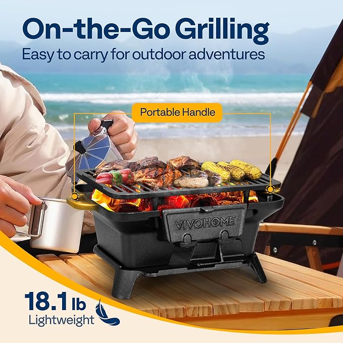 VIVOHOME Rectangle Cast Iron Charcoal Grill with Double-Sided Grate Portable Outdoor BBQ Grill Compact Tabletop Grill Stove (Note: The charcoal grid is made of stainless steel not cast iron)