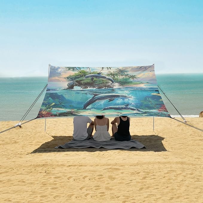 ALAZA Dolphins Tropical Island Caribbean Beach Tent Sun Shelter Portable Canopy Sunshade for Outdoor Camping Picnics Backyard Fun 10x9 ft