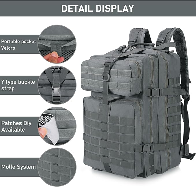 ShowyLive 3P Tactical Backpack Military Rucksack - 45L Large Hiking Backpack Waterproof Durable Camping Backpack for Men Women Travel Outdoor Sports Bug Out Bag (Grey)