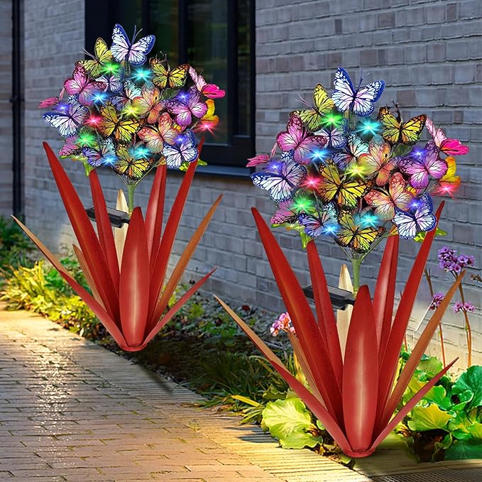 Homight Solar Metal Agave Butterfly Flower Stick Garden Sculpture - Outdoor Christmas Lights Swaying Solar Lights Gift (2 PCS RED)