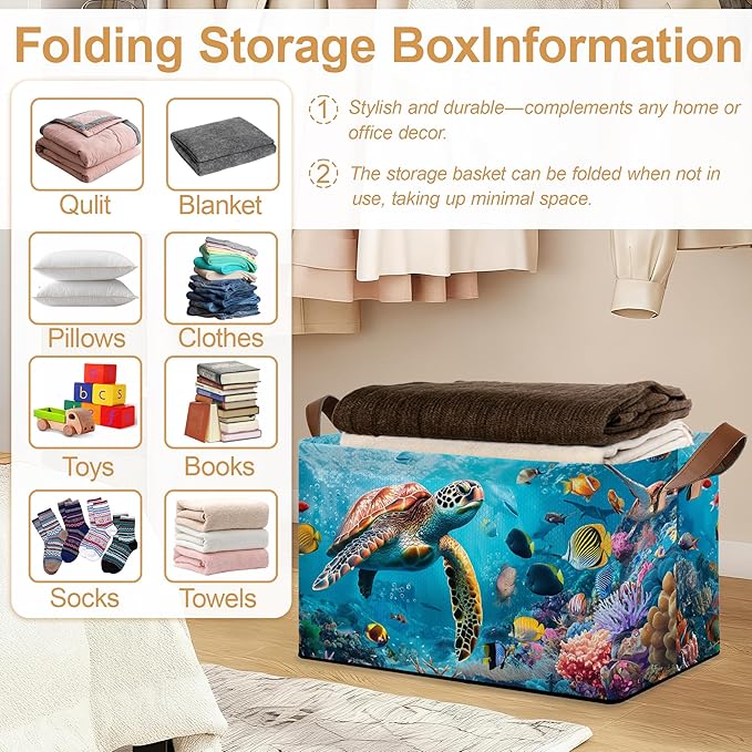 Sea Turtle Storage Bins with Handles Collapsible Storage for Clothes Gift Basket Blankets &amp Closet Organization
