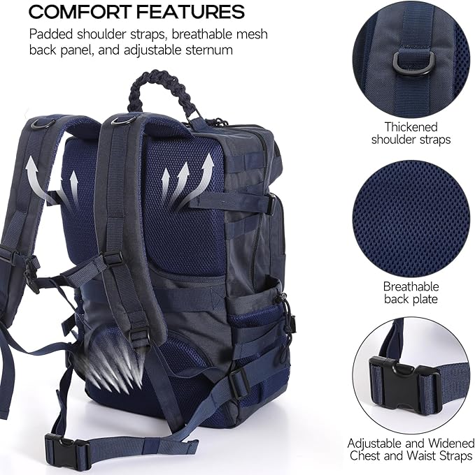 Tactical Backpack for Men Military Backpack with Shoe Compartment Travel Hiking Hunting Gear Bag with Molle System Blue