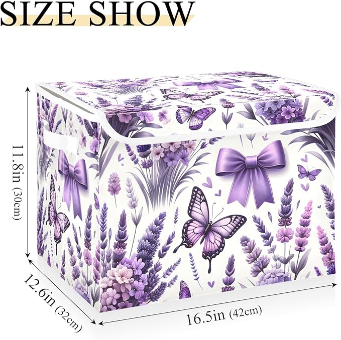 susiyo Large Foldable Storage Bin with Flip-Top Lid Lavender Flowers Butterflies Storage Box Collapsible Closet Organizer Containers Boxes Decorative Baskets with Handles for Home Bedroom Living Room