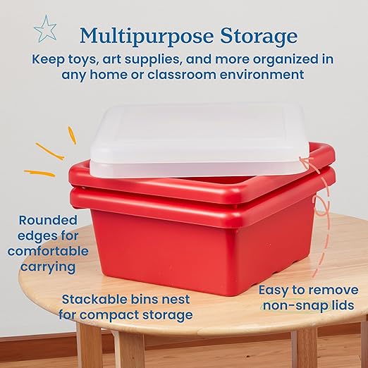 ECR4Kids Square Bin with Lid Storage Containers Red 2-Pack