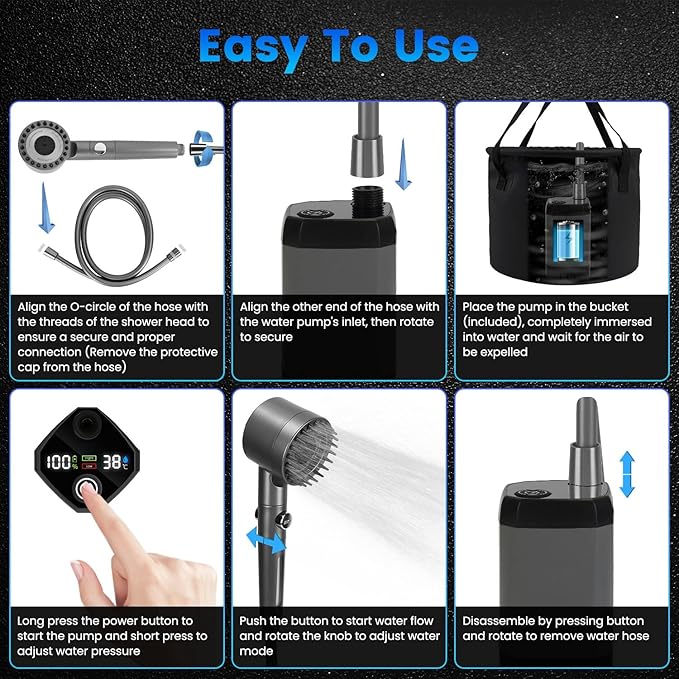 Portable Shower for Camping 6000mAh Rechargeable Shower Pump LED Display Filtered Shower Head with 4 Spray Modes IPX7 Waterproof 20L Foldable Bucket for Beach Travel Hiking Car Pet Outdoor