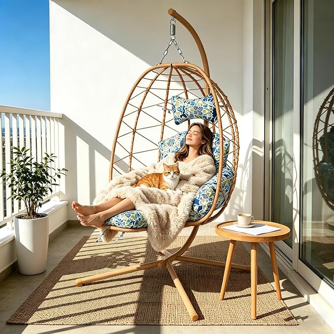 Hanging Egg Chair with Stand Outdoor Indoor Patio Rattan Swing Hammock Chairs with Washable Cushion PE Wicker Swing Chair for Backyard Bedroom Garden (Yellow + Floral Cushion with Footrest)