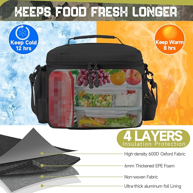 QT&ampQY Tactical Lunch Bag for mens Military heavy duty lunch box work Leakproof insulated Durable Thermal Cooler Bag for Adult Meal for Office Camping Picnic Pail MOLLE Webbing Black